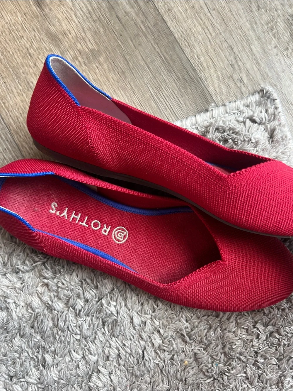 Rothy's Red Knit Pointed Ballet Flats with Blue Trim
